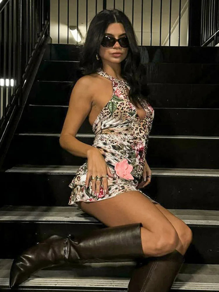 Hollow Out Halter Print Mini Dress For Women Robe Fashion Sleeveless Backless High Waist Ruffled Club Party Dress