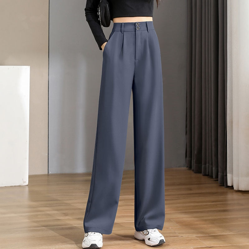 Women'S New High Waist Draping Loose Casual Straight Leg Floor Length Trousers Class Professional Wide Pants