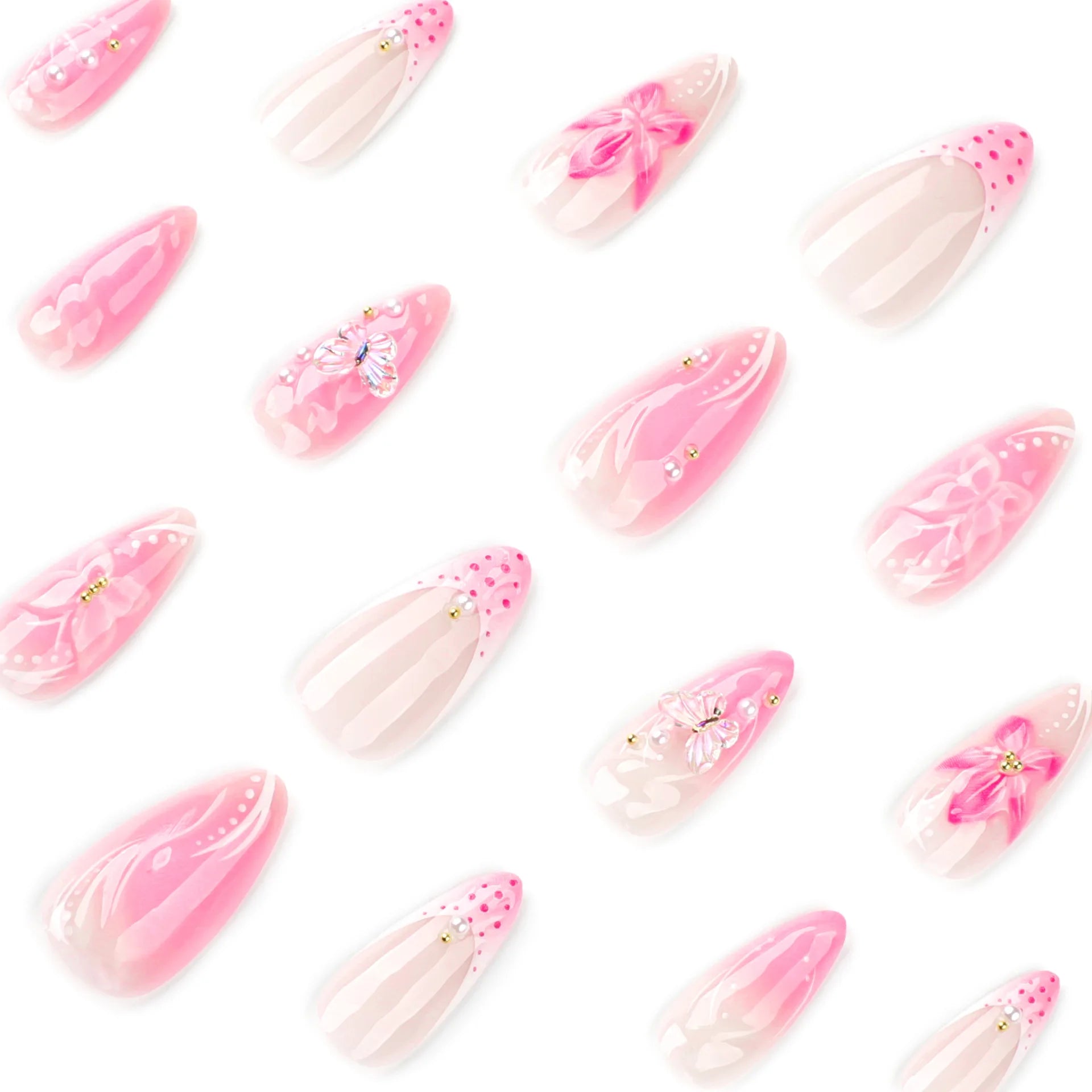 24pcs Sweet Pink Press on Nails 3D Butterfly Flowers Decor False Nail Tips Wearable Detachable Ins Korean Almond Fake Nails