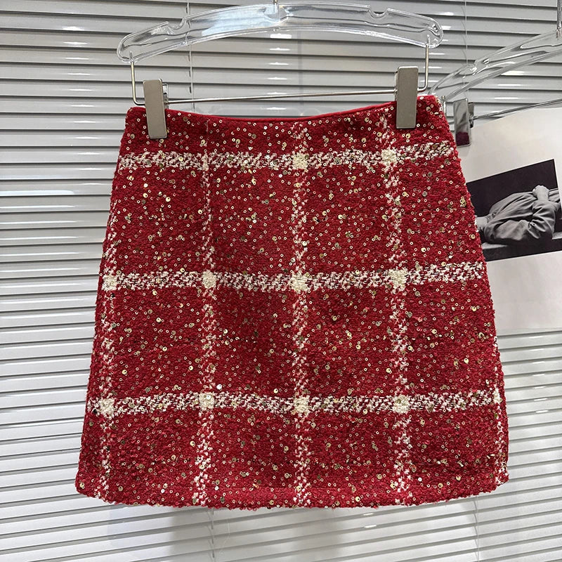 Winter New Fashion Sequin Woven Tweed Plaid A-line Skirt For Women Wrapped Hip A-line Short Skirts Female 11A07960 Red