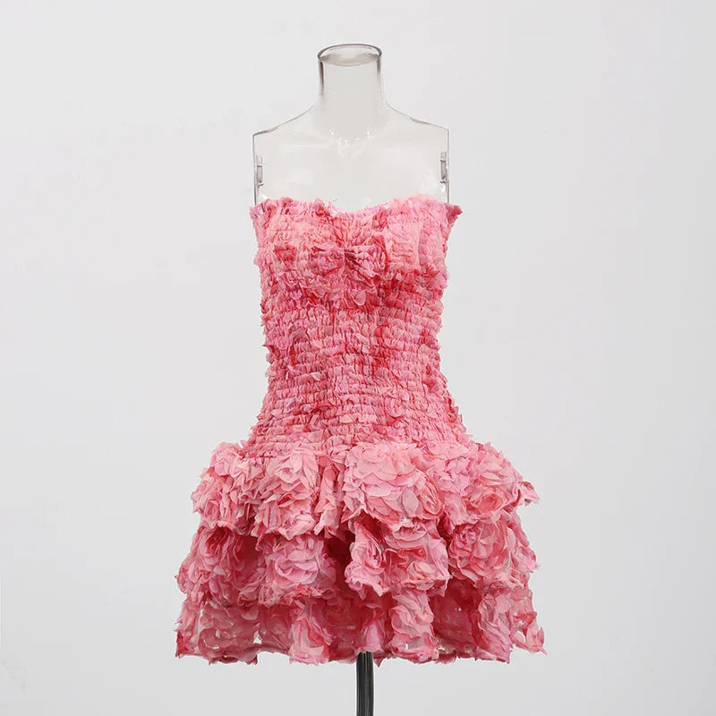 Colorblock Fashion Temperament Dresses for Women Strapless Sleeveless Patchwork 3D Flowers Dress Female Clothing RED