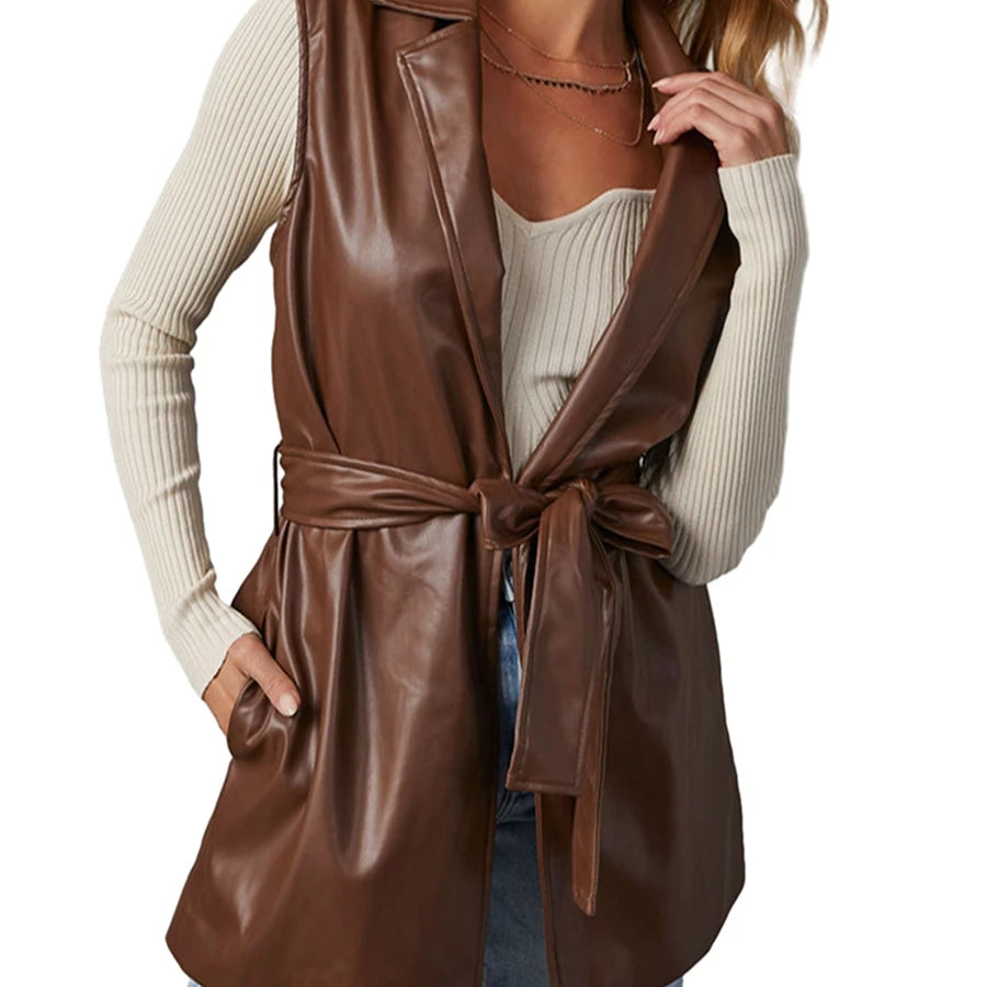 Women PU Leather Blazer Casual Sleeveless Lapel Collar Solid Color Jacket Autumn Outwear with Belt