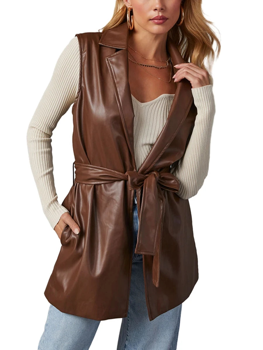 Women PU Leather Blazer Casual Sleeveless Lapel Collar Solid Color Jacket Autumn Outwear with Belt