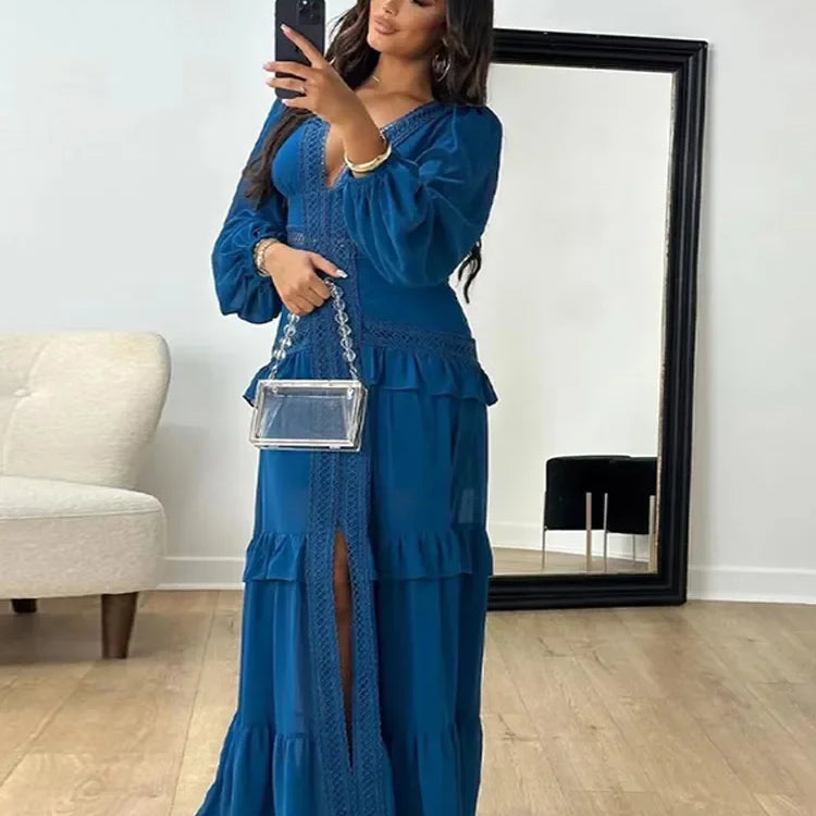 Women Elegant Layered Ruffles Patchwork Long Dress Chic V Neck Puff Full Sleeves Split Maxi Dresses Fashion Lady Party Robes Dark blue