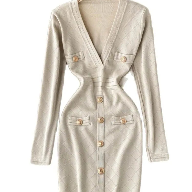 Women Knitted Pencil Dress Korean Long Sleeve V Neck Elastic Slim Dress Autumn Winter Sexy Bodycon Warm Sweater Dress