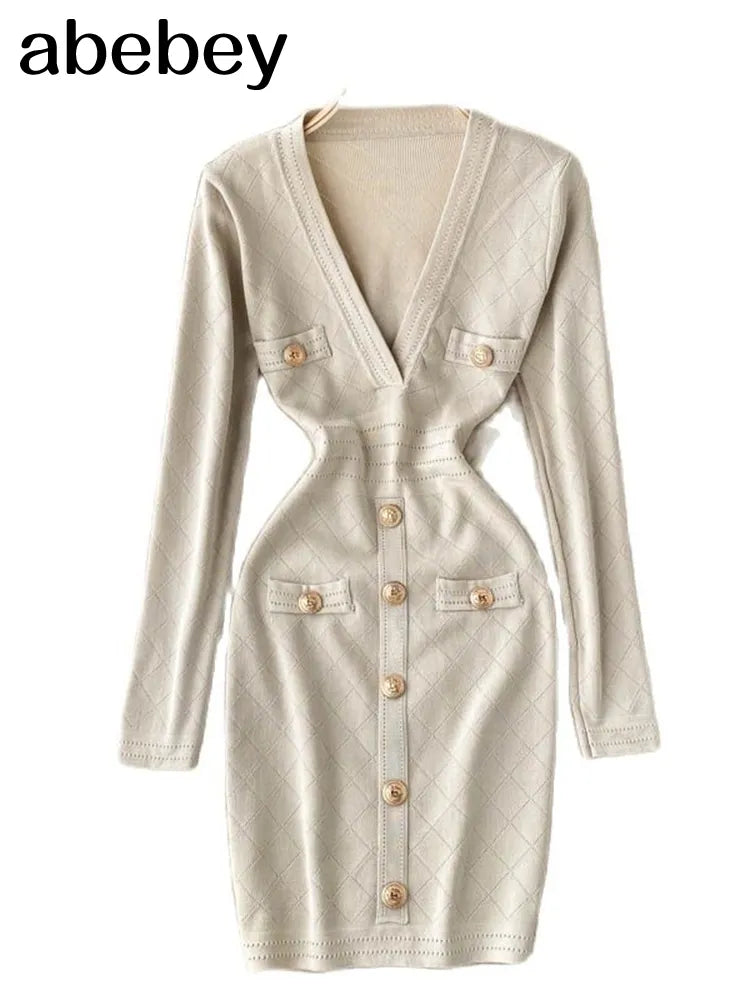 Women Knitted Pencil Dress Korean Long Sleeve V Neck Elastic Slim Dress Autumn Winter Sexy Bodycon Warm Sweater Dress
