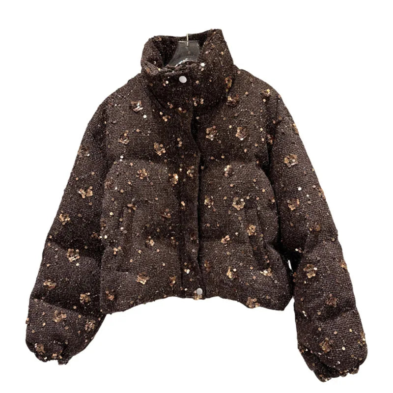 Winter New Fashion Style Sequin Flower Tweed Warm Jacket For Women Loose Cotton-padded Coat Female Trend 11A07496