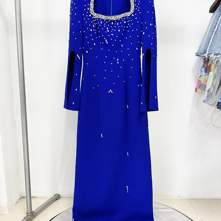 Solid Slimming Spliced Bead Luxurious Dresses for Women Square Neck Long Sleeves Patchwork Split Dress Femlae New