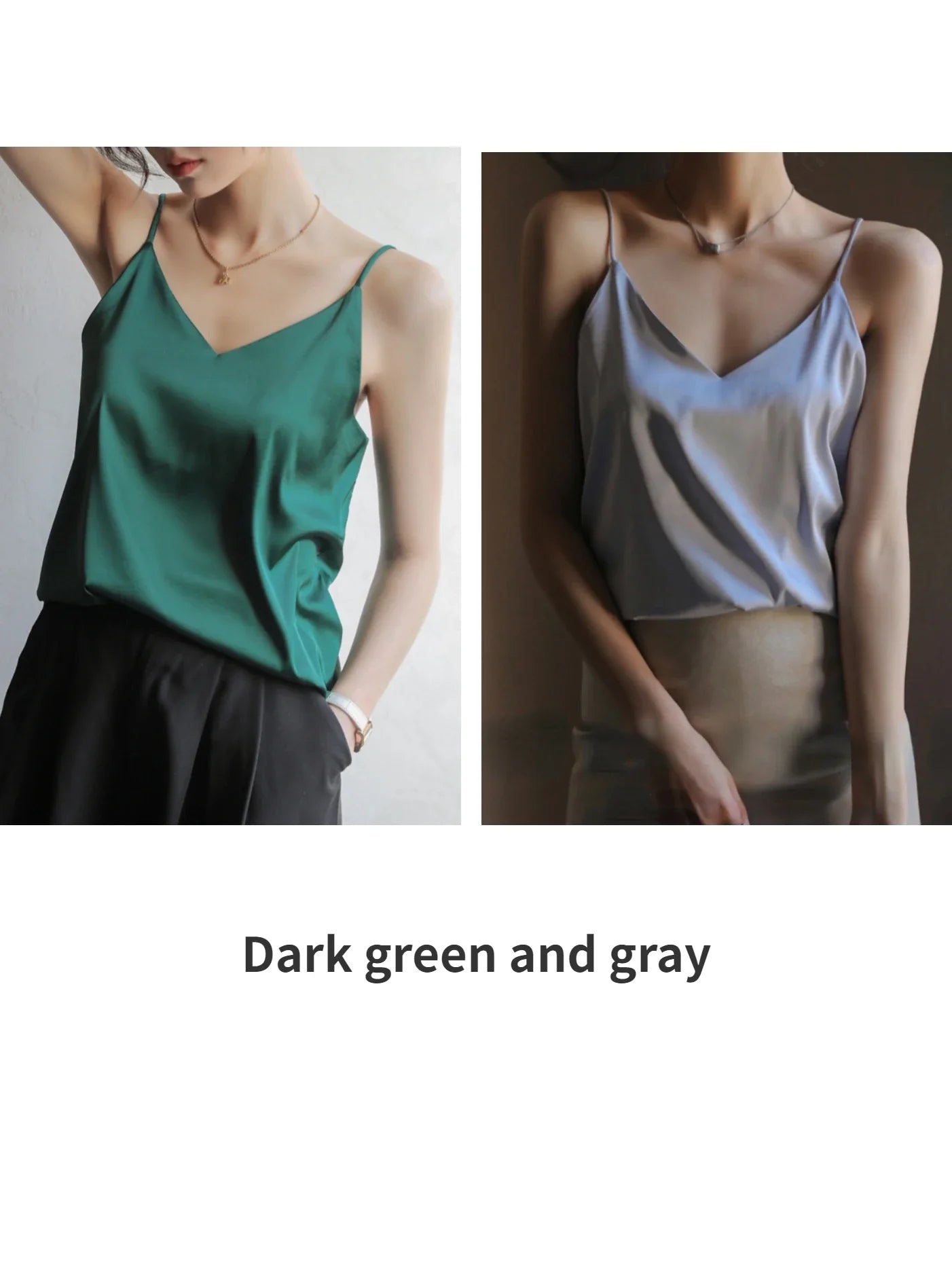 Grey Camisoles for Women Acetate SATIN Loose Summer Spaghetti Strap Tank Top Solid V-neck Fashion Sexy Backless Tanks & Camis Dark green and gray