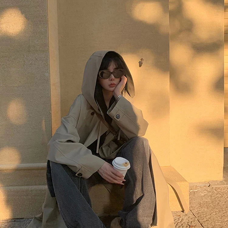 Spring Autumn Long Oversized Light Khaki Trench Coat for Women with Hood Double Breasted Loose Casual Overcoat 2024