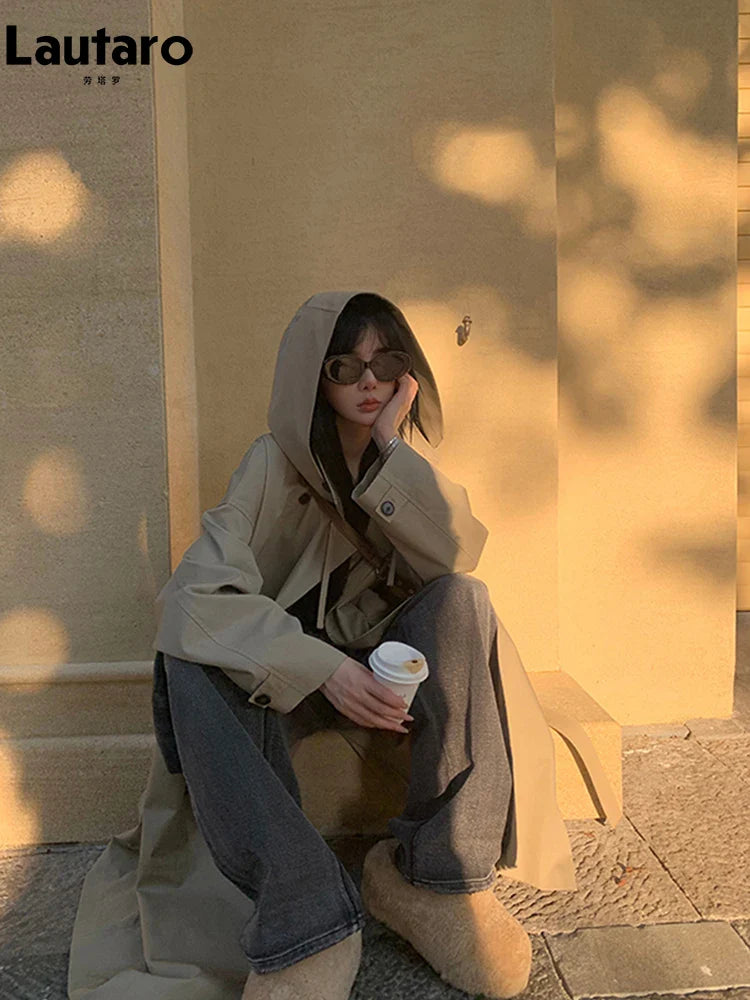 Spring Autumn Long Oversized Light Khaki Trench Coat for Women with Hood Double Breasted Loose Casual Overcoat 2024