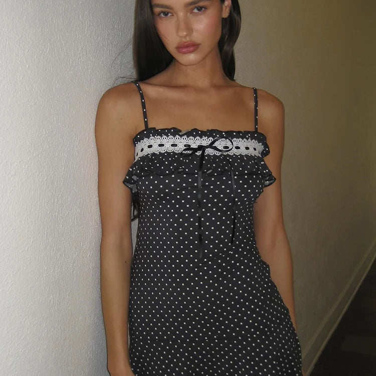 Mozision Spaghetti Strap Polka Dot Mini Dress For Women Robe Contrast Color Off-shoulder Sleeveless Backless Club Party Dress