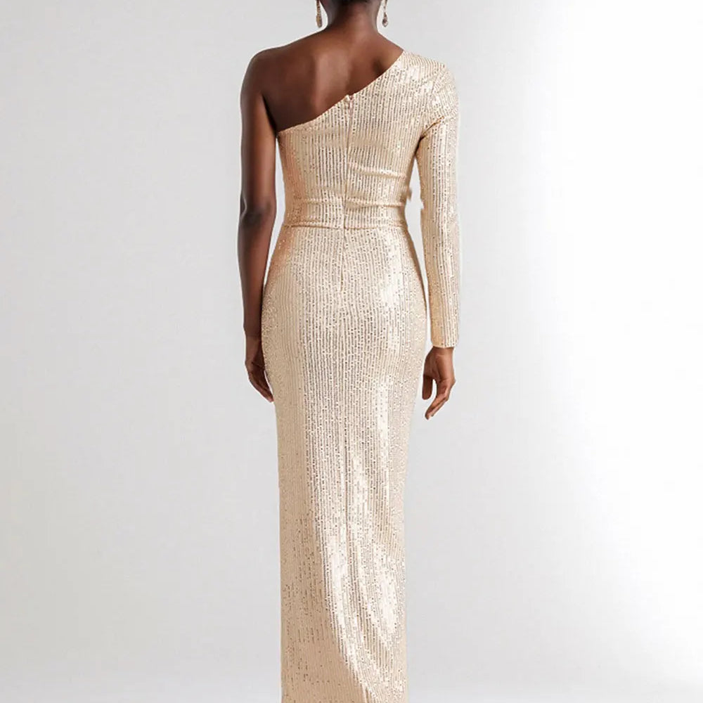 2024 Women's Light Luxury Glitter Dress with Diagonal Collar Single Shoulder Sleeve 3D Flower Decoration Bodycon Long Dresses