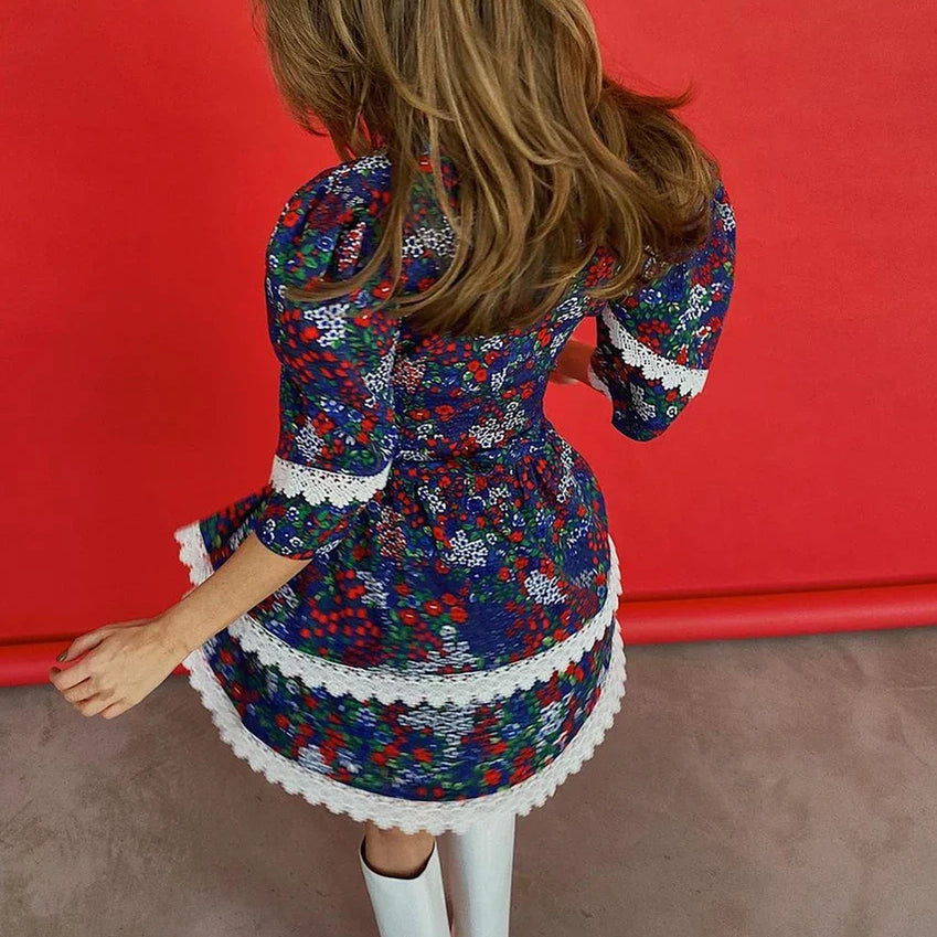 Clacive Vintage Slim Print Women'S Dress Sexy V-Neck Short Sleeve Mini Dresses Elegant Ruffle Lace Spliced Party Dress Female