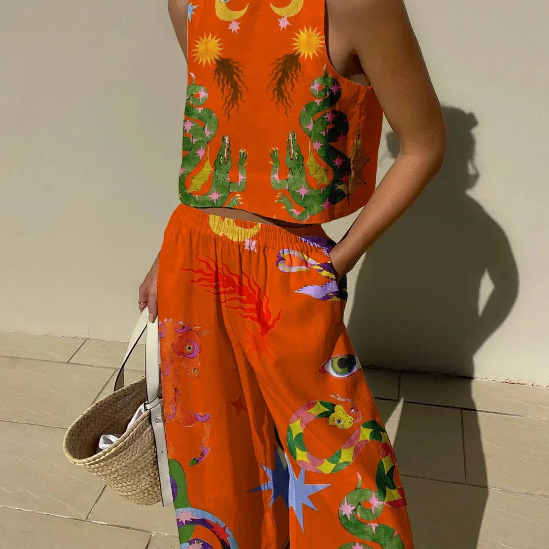 Casual Printed Pant Suits For Women Vintage Crew Neck Sleeveless Vest High Waist Loose Trouser Sets Female Beach Holiday Outfits Orange