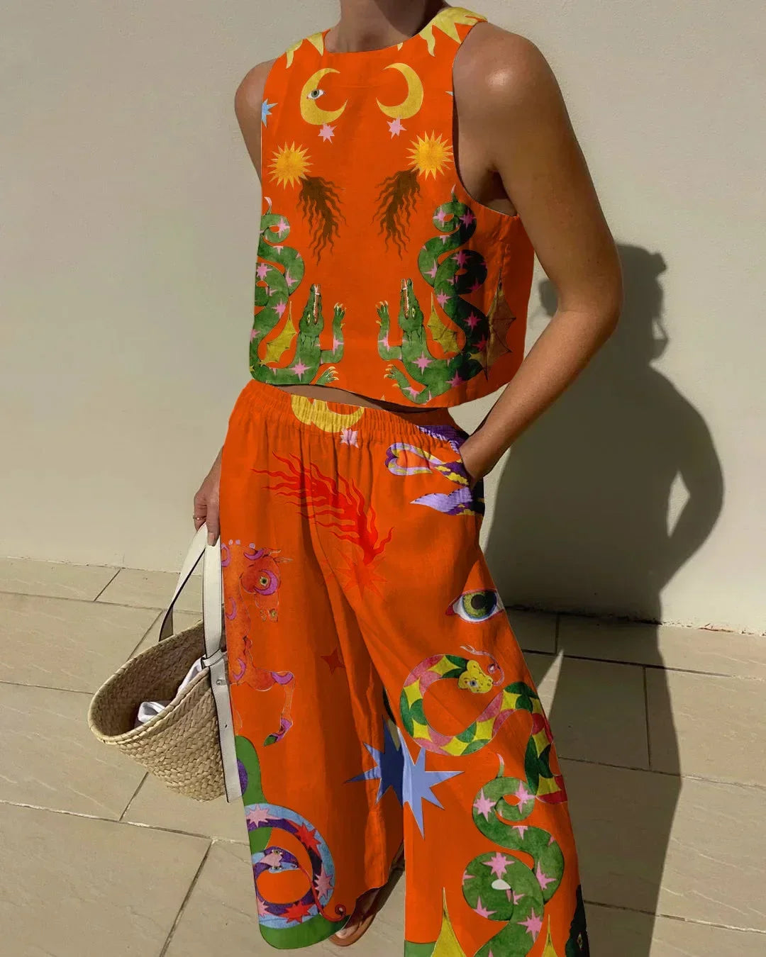 Casual Printed Pant Suits For Women Vintage Crew Neck Sleeveless Vest High Waist Loose Trouser Sets Female Beach Holiday Outfits Orange