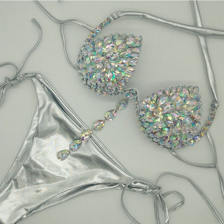 Underwear Sexy Push Up Lingerie Set For Lady 2024 Summer Fashion Shiny Crystal Padded Underwire Party Bras And Thong Set Silver