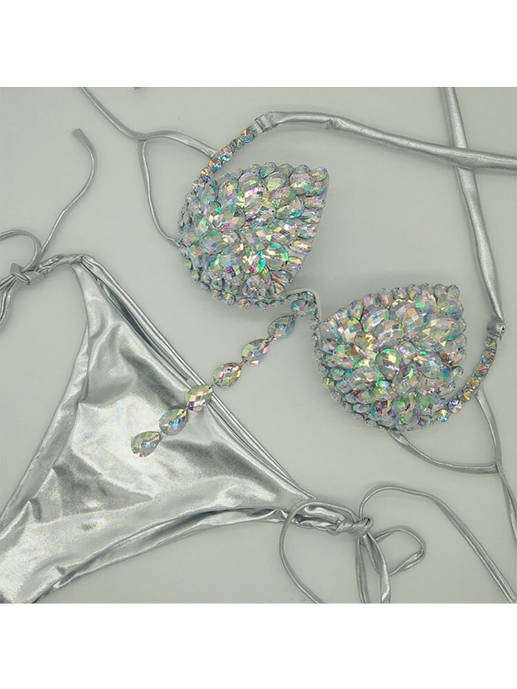 Underwear Sexy Push Up Lingerie Set For Lady 2024 Summer Fashion Shiny Crystal Padded Underwire Party Bras And Thong Set Silver