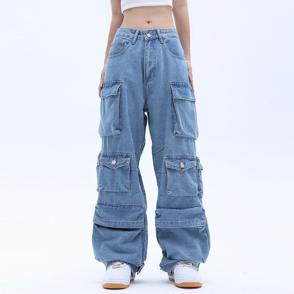 Pocket Solid Color Overalls Jeans Women's Y2K Street Retro Loose Wide-Leg Overalls Couple Casual Joker Mopping Jeans Pants Women