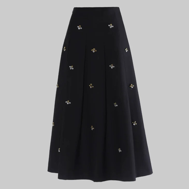 Spring Women French Style Luxury Rhinestone Beading Lady High Quality Solid Long Pleated Skirt black