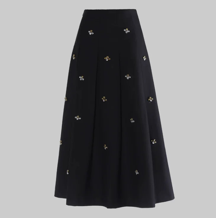 Spring Women French Style Luxury Rhinestone Beading Lady Solid Long Pleated Skirt black