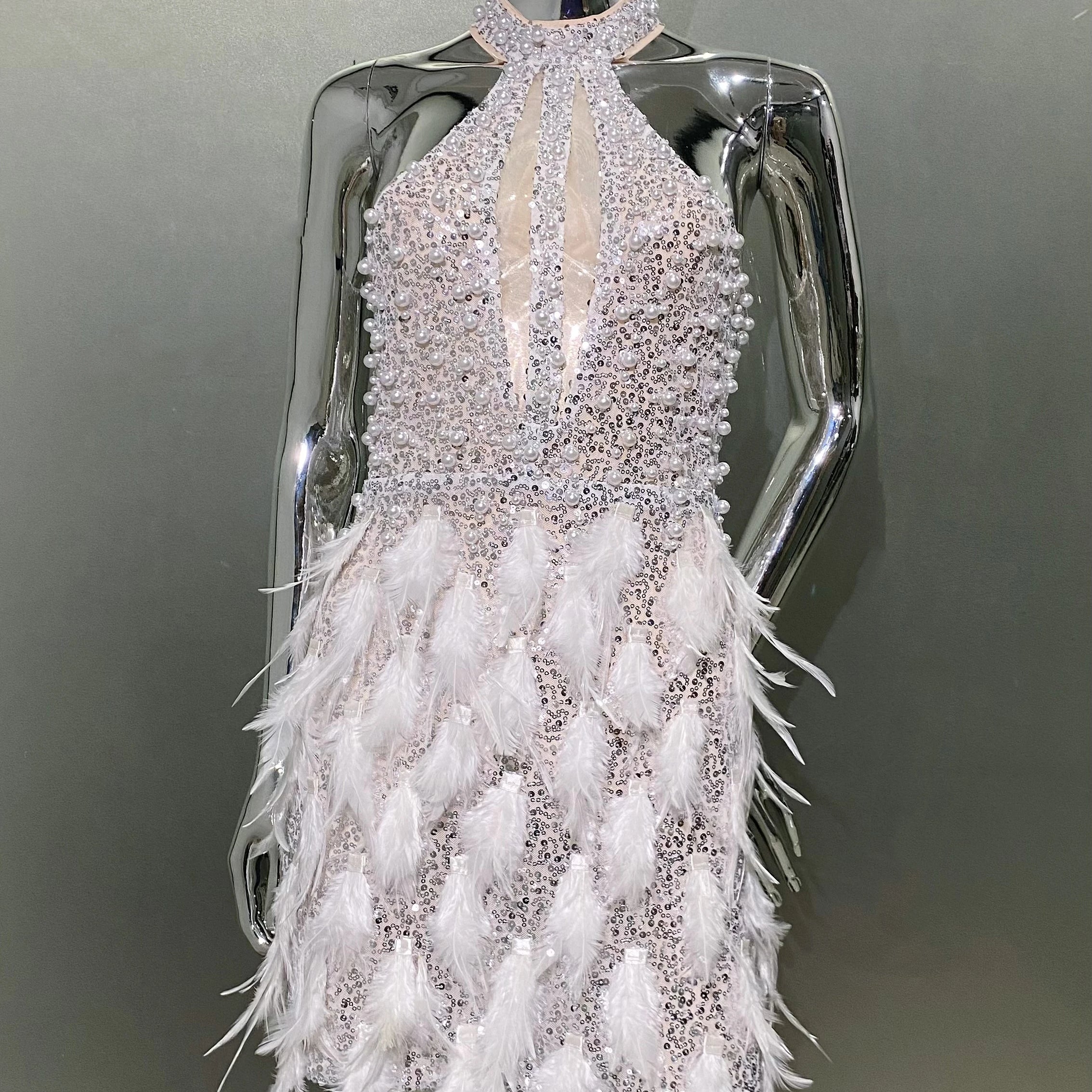 Gorgeous Feathers Beading High Slit Strapless Long Dress Woman Evening Dress Celebrity Birthday Party Outfit