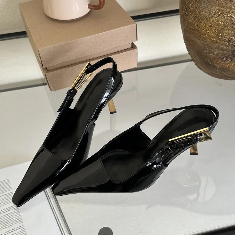 Eilyken Street Style Sexy Pointed Toe Metal Buckle Strap Women Pumps Stripper Sandals Slingback High Heels Female Shoes Black