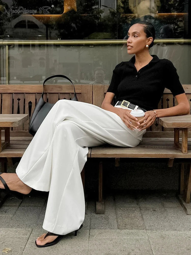 Mnealways18 White Satin High Waist Pants Elegant Women Floor-Length Pleated Trousers Casual Office Ladies Thin Baggy Pants 2024