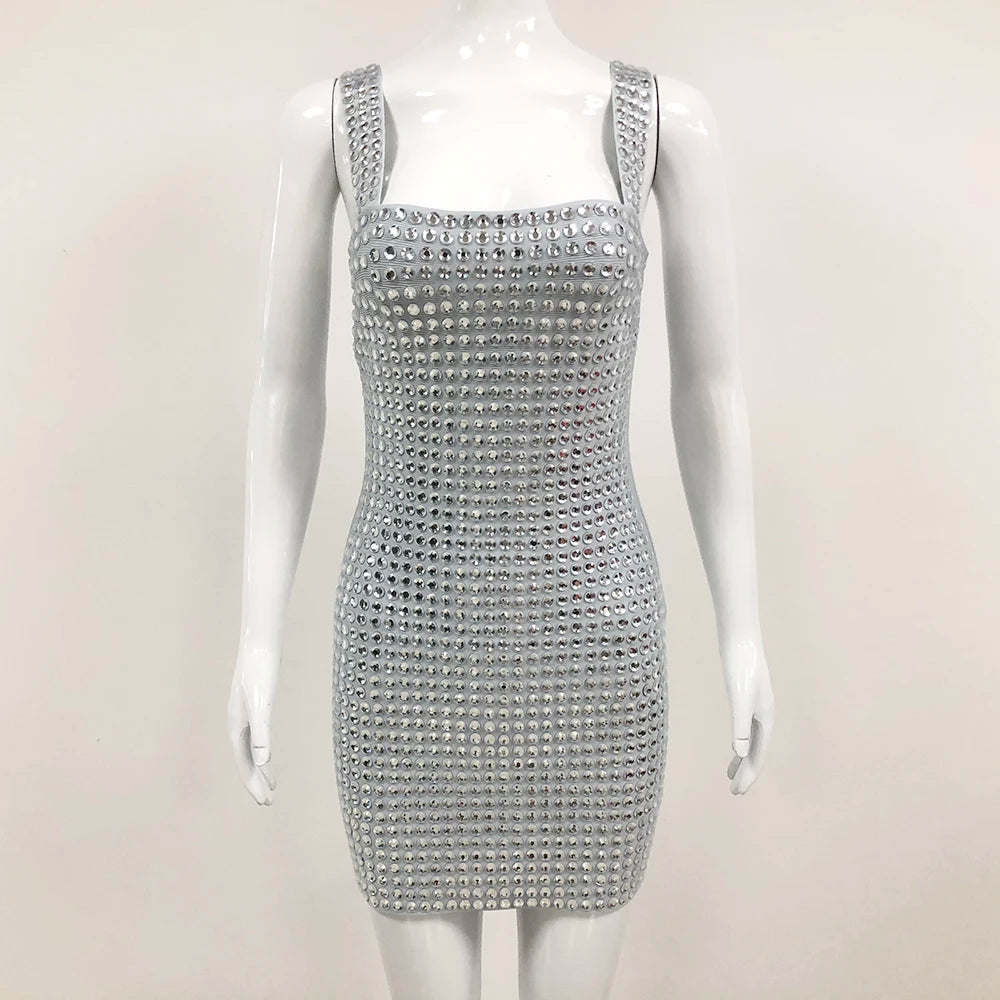 2024 Summer New Women's Sexy Sleeveless Diamond Lace Up Mini Dress Shiny Crystals Bodycon Celebrity Club Party Cocktail Dress silver