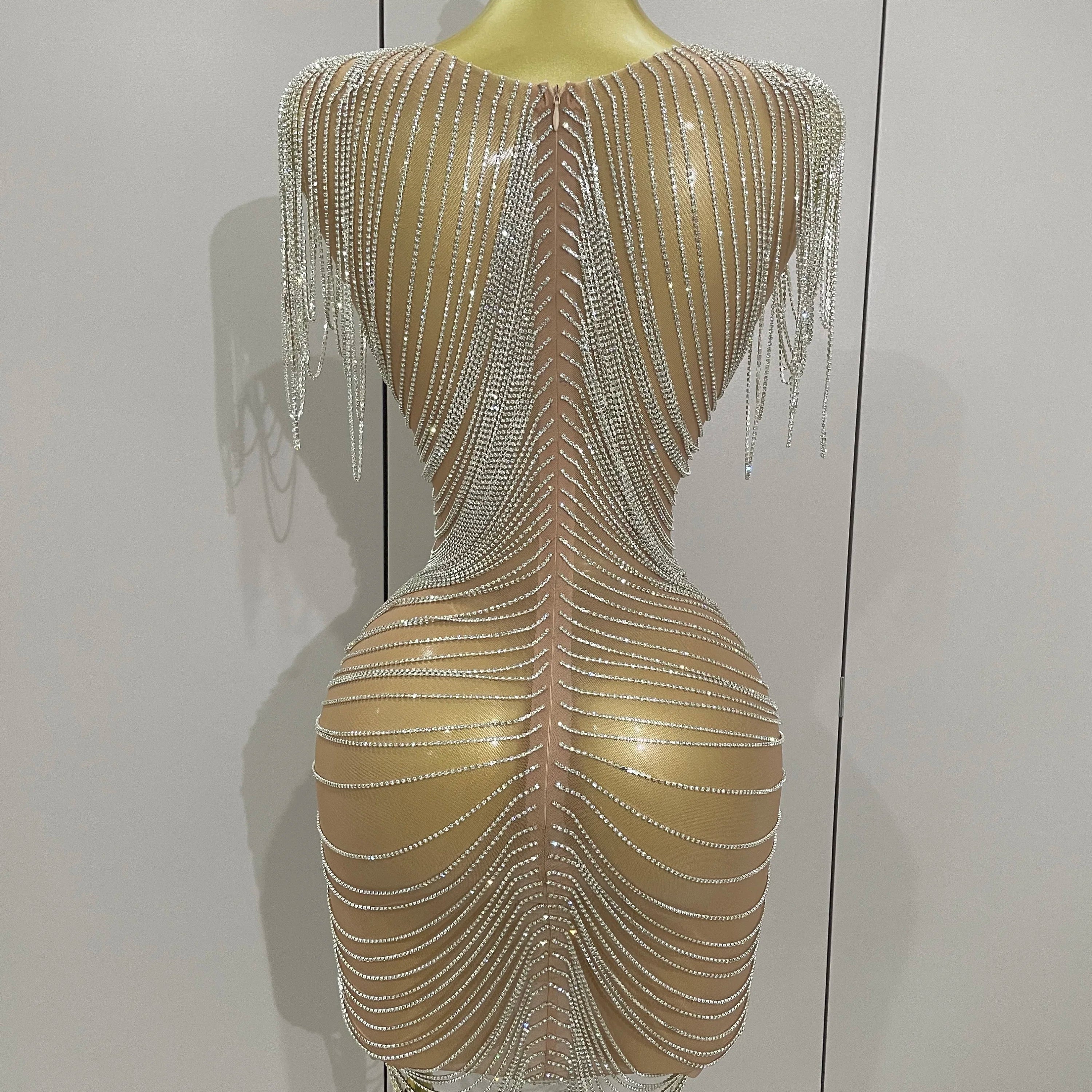 2025 New Sparkly Diamonds Crystal Sexy Mesh See Through Mini Dress Women Birthday Party Club Celebrate Stage Performance Costume