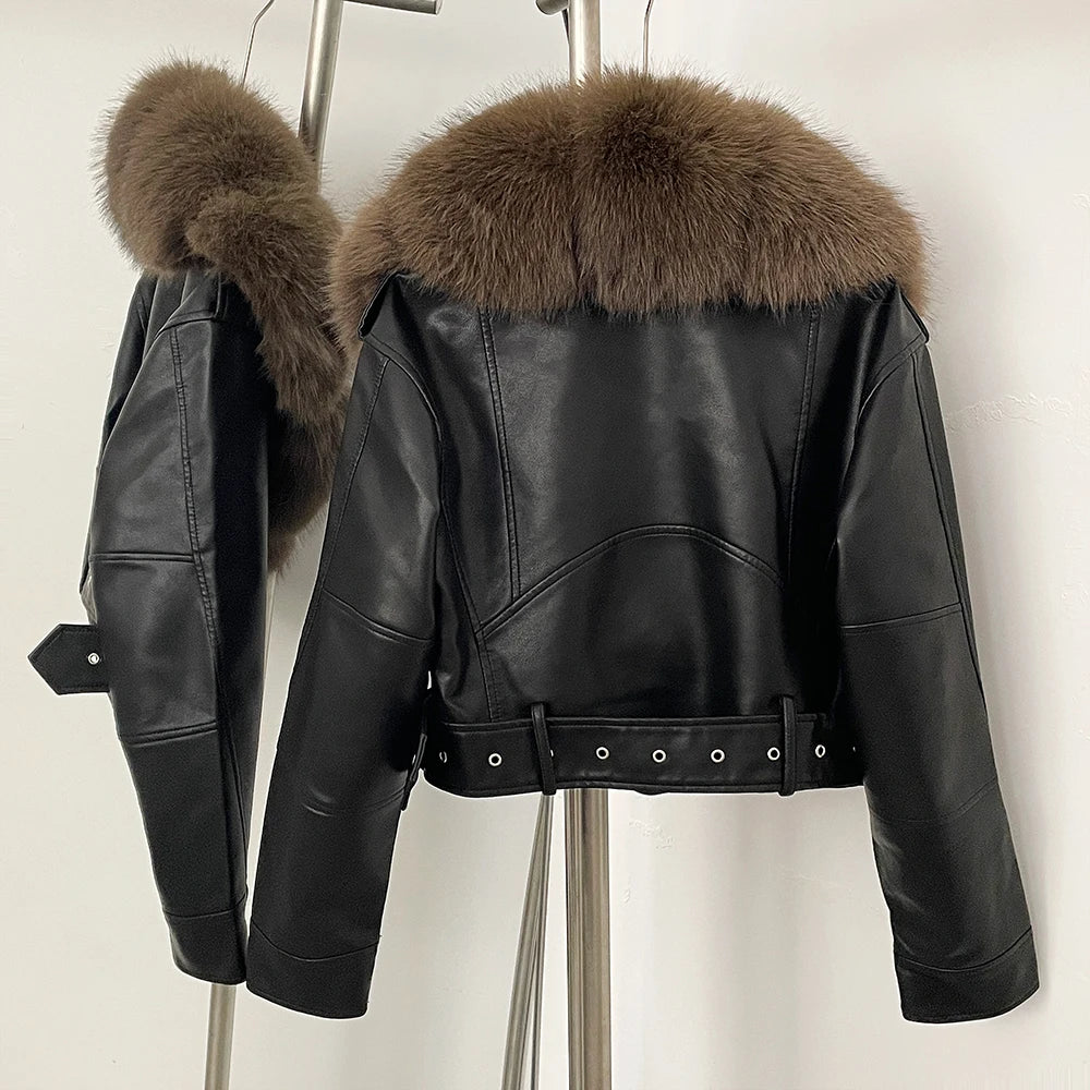 Faux Fur Coat Female Autumn Faux Leather Jacket Short Clothing Long Sleeve Spring New PU Fur Jacket Artificial Women Pockets