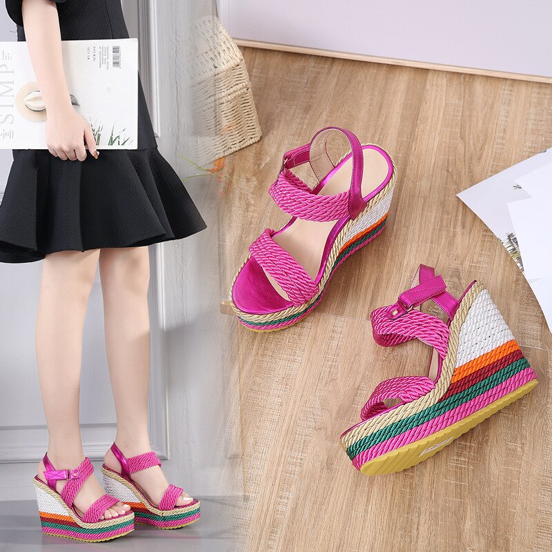 Women Fashion Candy Color Weave Sandals Platform Women Shoes Summer Gladiator Sandals Hemp Rainbow Wedge High Heel Shoes