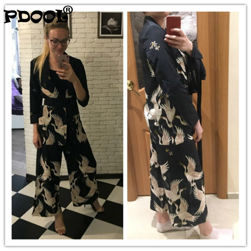 Spring/Autumn Women Vintage Clothing Set Printed Blazer Wide Leg Retro Pant Female Bird Outfit Suits Women's Office Lady