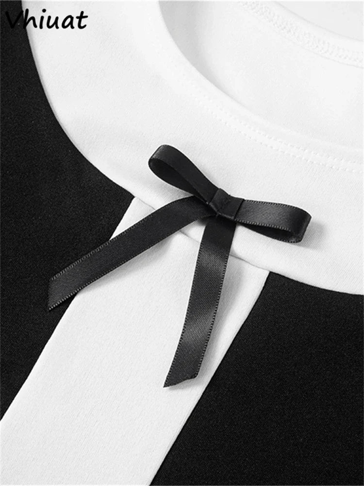 Vhiuat Bow Patchwork Fashion Short Sleeve O Neck Bodycon Mini Dress Women Streetwear Summer Elegant Sexy Dresses Club Party