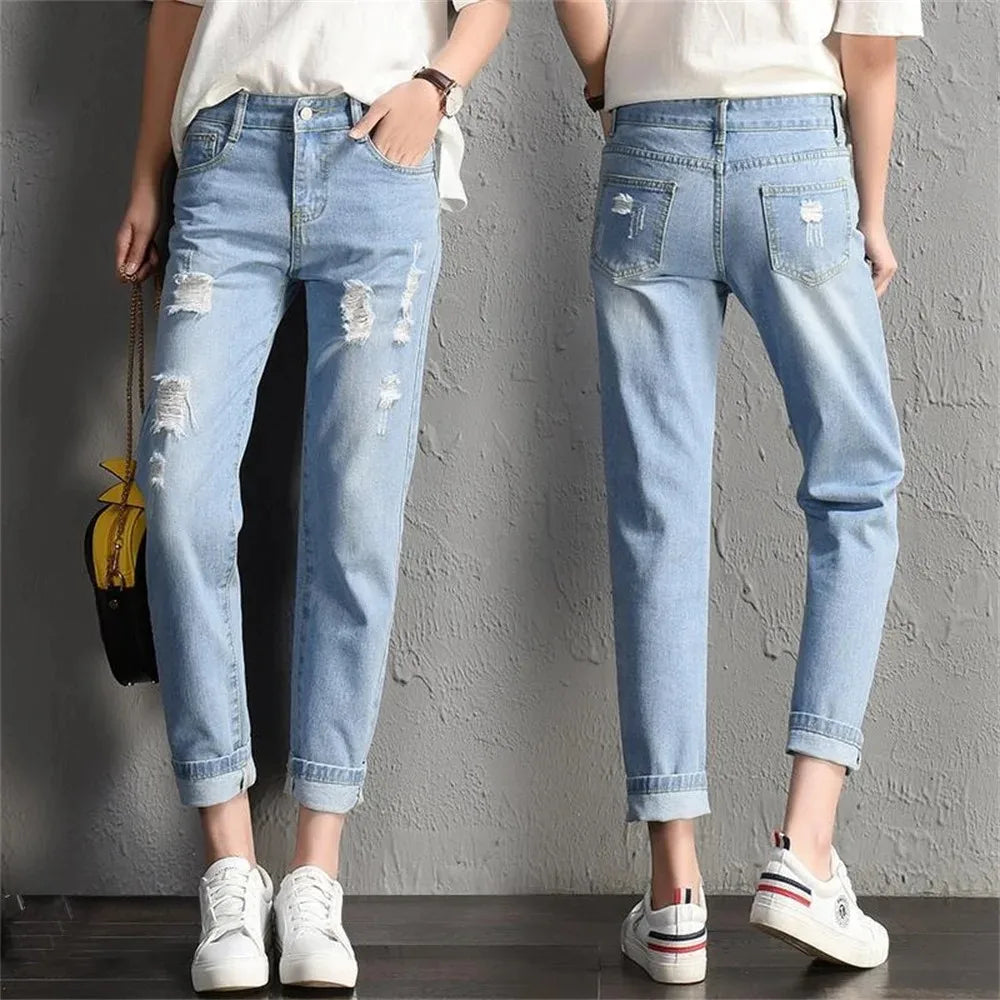 Fashion New Women Mid Waist Boyfriend Big Ripped Hole Jeans Casual High Street Denim Pants Sexy Vintage Pencil Jeans y2k