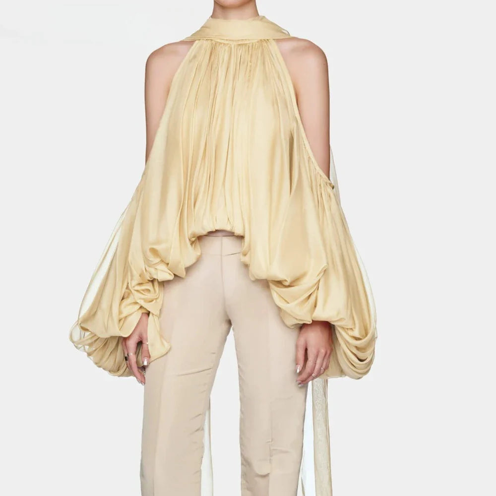 Solid Loose Spliced Folds Mini Blouse for Women Round Neck Long Sleeves Patchwork Hollow Out Elegant Top Female New YELLOW