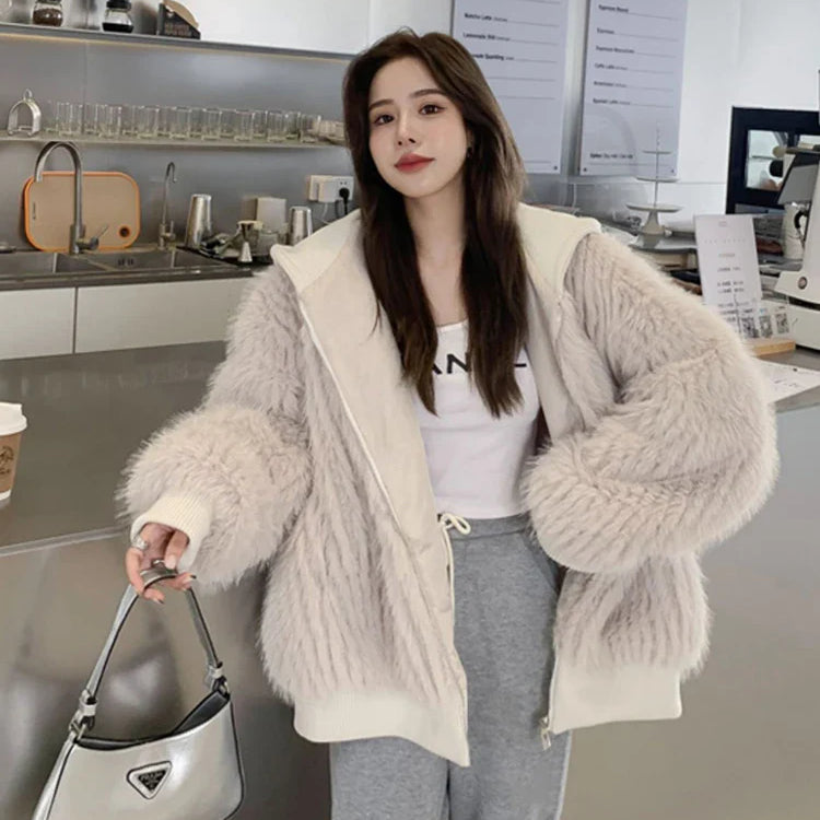 Autumn Winter Loose Casual Hairy Shaggy Soft Warm Faux Fur Coat Women with Hood Long Sleeve Zipper Korean Fashion 2022