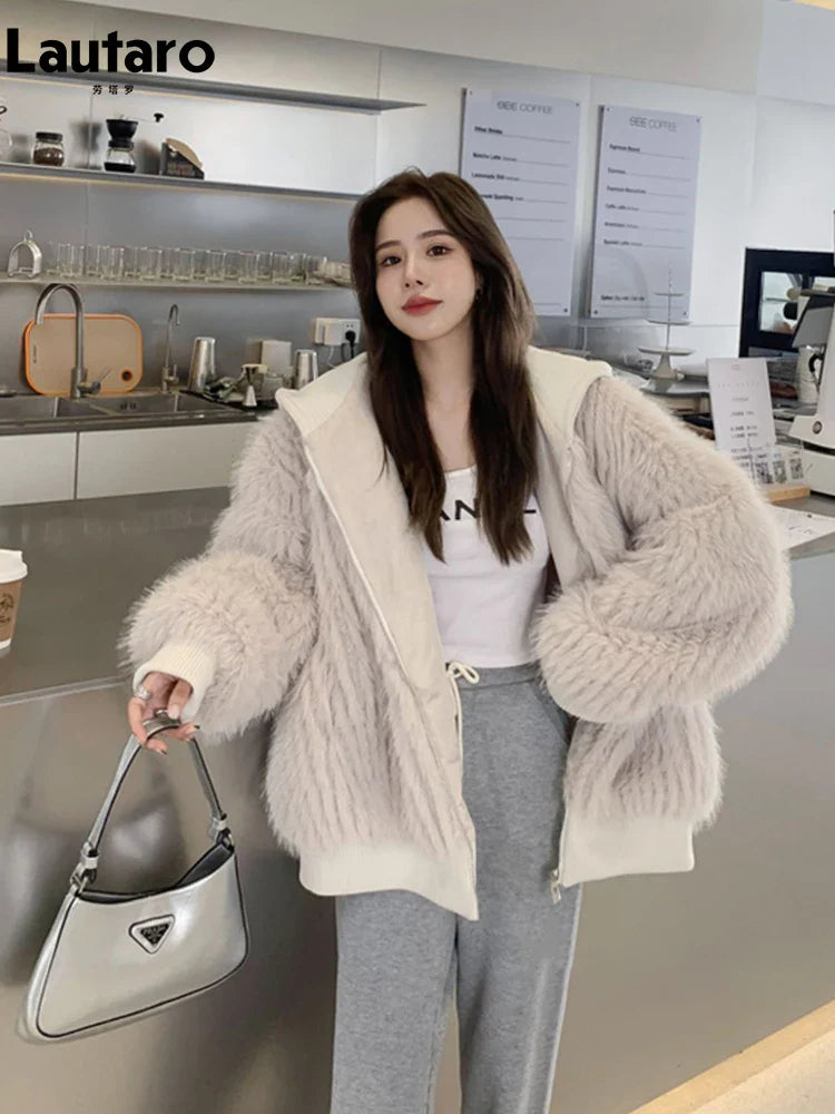 Autumn Winter Loose Casual Hairy Shaggy Soft Warm Faux Fur Coat Women with Hood Long Sleeve Zipper Korean Fashion 2022