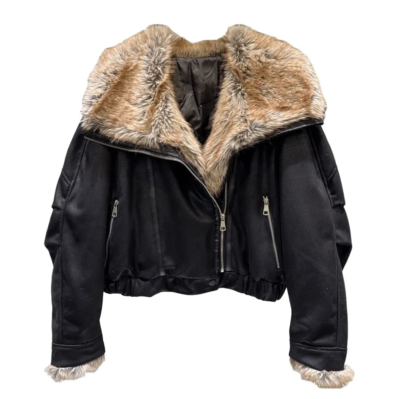 Winter New Fashion Big Fur Collar Suede Cotton Padded Coat For Women Warm Motorcycle Leather Jacket Female 11A07510