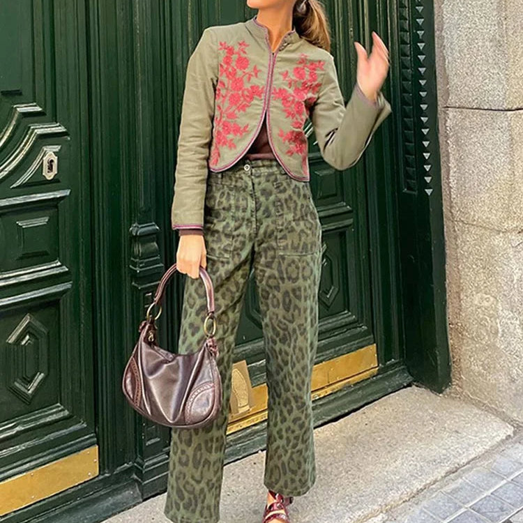 Women Fashion Print Trousers Two-piece Suit Embroidery Long-sleeved Coat High Waist Pants Sets Spring Casual Lady Outfit