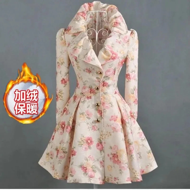 Women Windbreaker Mid Length Autumn New 2023 Trendy Westernized Large Lapel Print With Waistband Skirt Hem For Women's Outerwear