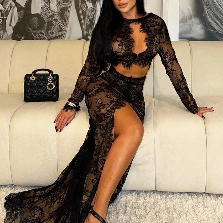 Black Lace Cut Out Long Dress Backless High Split Maxi Long Sleeves O Neck Celebrity Slim Cocktail Party Evening Gowns