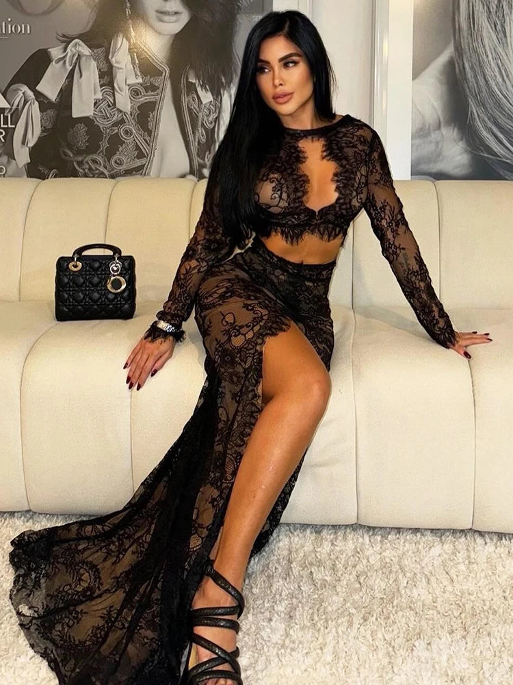 Black Lace Cut Out Long Dress Backless High Split Maxi Long Sleeves O Neck Celebrity Slim Cocktail Party Evening Gowns