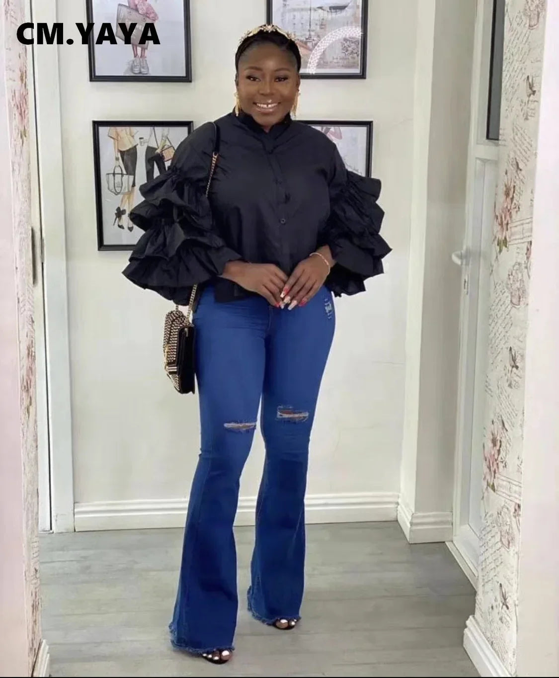 Women Shirts Solid Full Ruffles Sleeve Turn-down Collar Single Breasted Loose Shirts Office Lady Streetwear Summer Tops