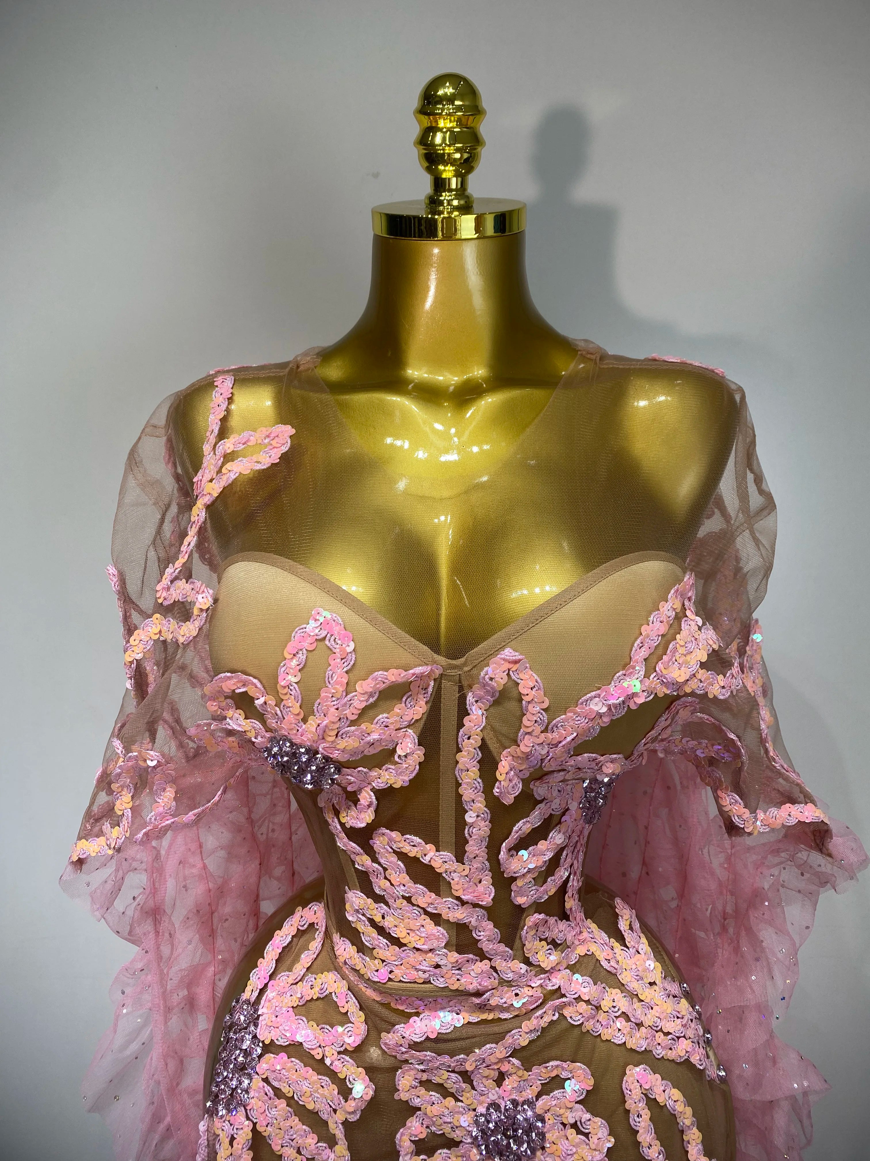 Women Sexy Mesh See Through Sequins Pink Maxi Long Dress Sparkly Sequin Evening Party Costume Stage Performance Birthday Dress