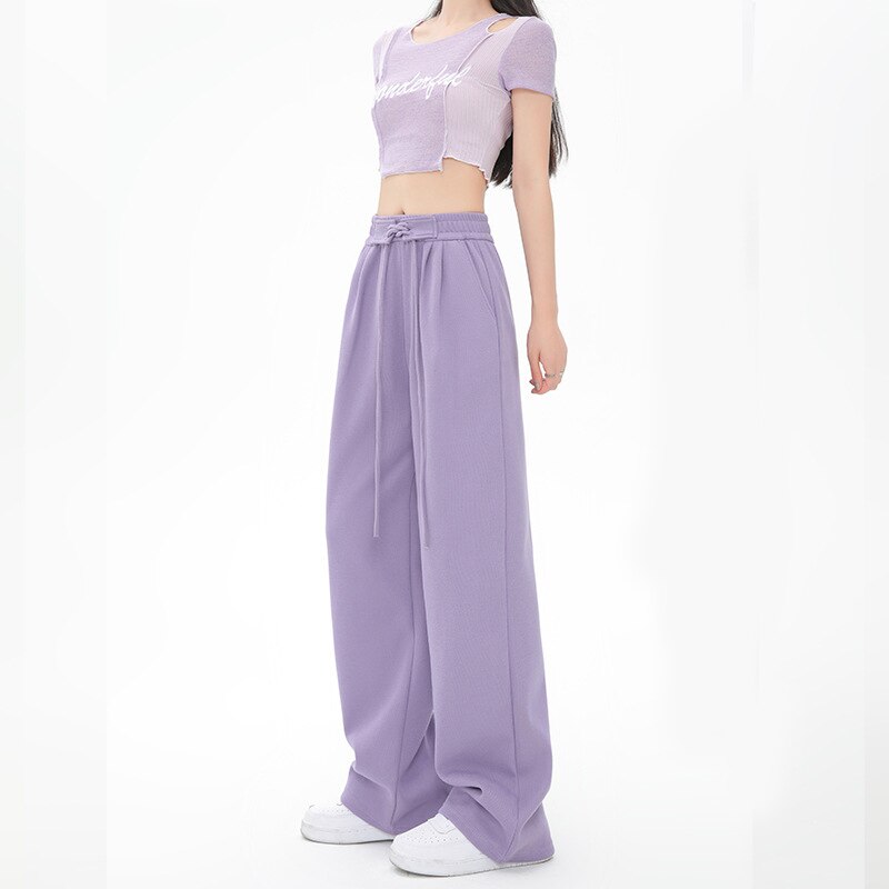 Women Spring Autumn Pants Fashion High Waist Straight Long Wide leg Sports pants Female Casual Female Long Pants Trousers Purple
