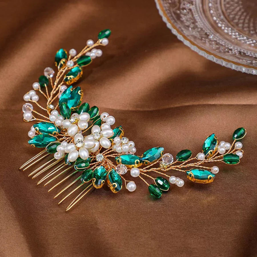 Color Crystal Pearls Wedding Hair Combs Miraculous Women Headbands Accessories Flower Bridal Headpiece Clip Bride Jewelry Gift green