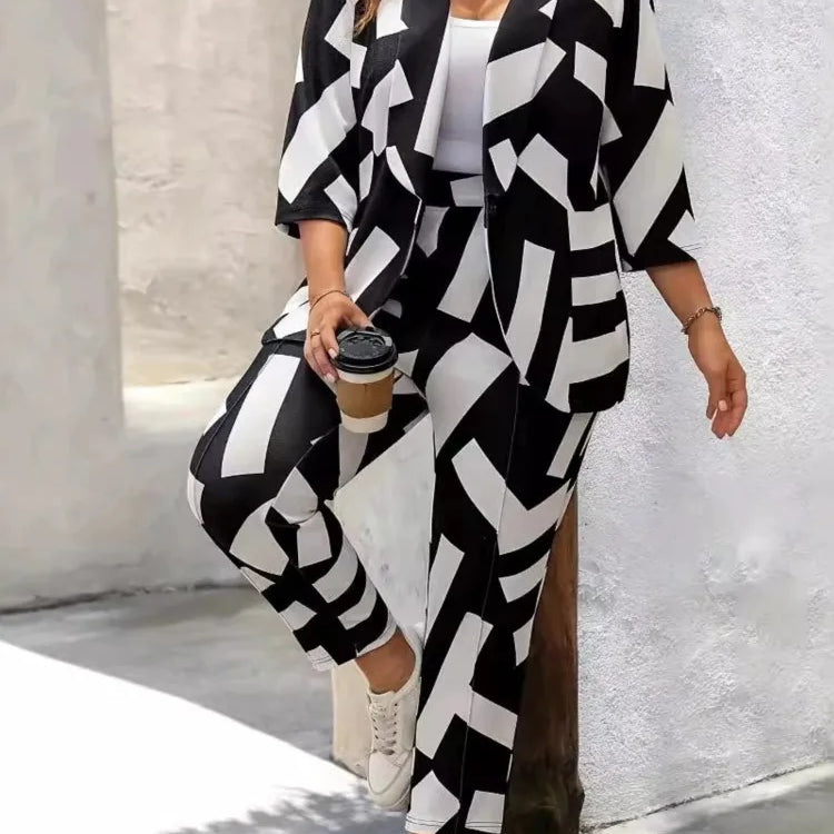 Plus Size Autumn Graffiti Print 2 Two Piece Set Women Long Sleeve Modis Ladies Blazer Suits Casual High Waist Woman Pencil Pants