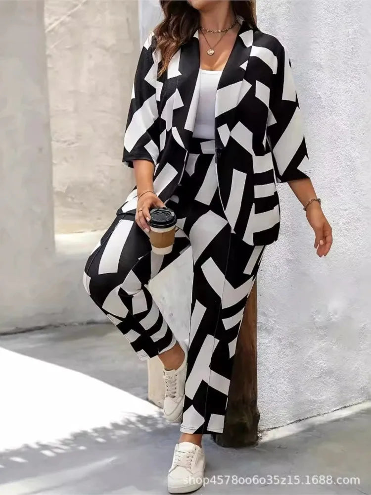 Plus Size Autumn Graffiti Print 2 Two Piece Set Women Long Sleeve Modis Ladies Blazer Suits Casual High Waist Woman Pencil Pants