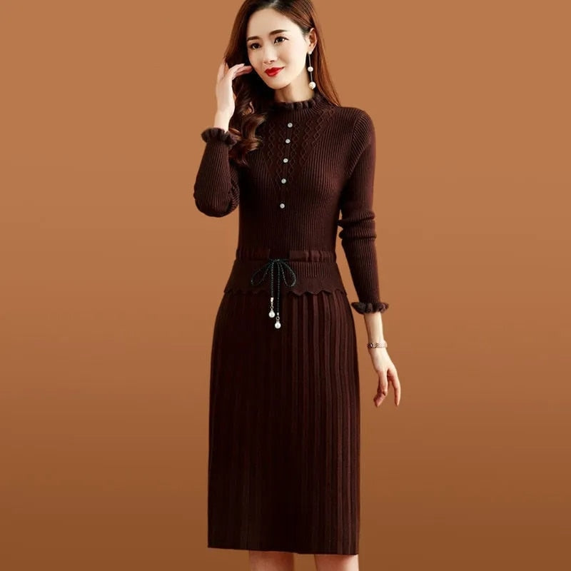 Two Pieces Pleated Knitted Dress Women Vintage Elegant Bottoming Sweater Dresses Slim Long Sleeve Fall Winter Midi Vestidos